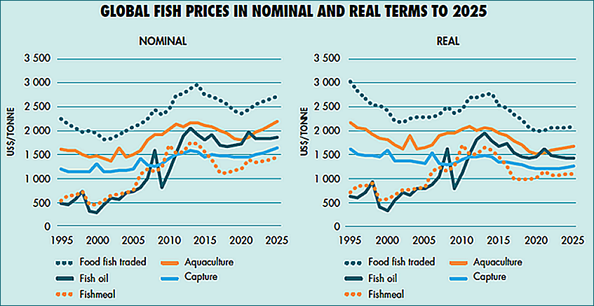 Figure 1.3.5. Global fish product prices in nominal and real terms to 2025 (FAO 2008).