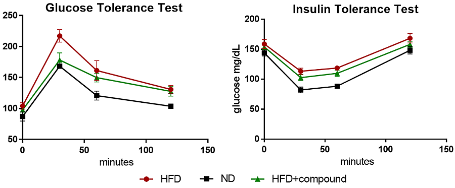 Figure 2.4.2 Example of graphs illustrating animal glucose and insulin tolerance tests. HFD: high fat diet, ND: normal diet.