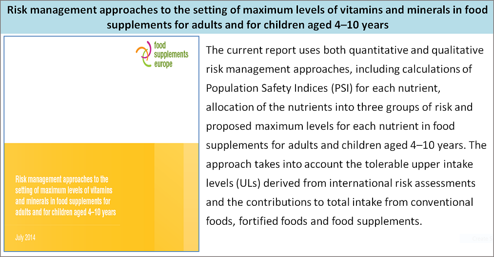 Table 2.1.4. Food Supplements Europe report on Risk management approaches to the setting of maximum levels of vitamins and minerals in food supplements for adults and for children aged 4-10 years